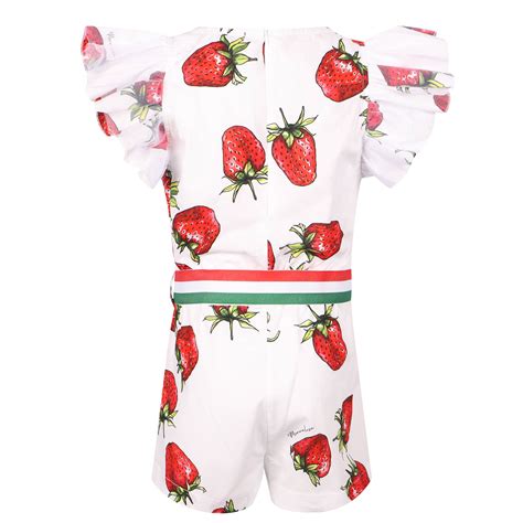 Monnalisa Strawberries Print Ruffled Jumpsuit In White — Bambinifashioncom
