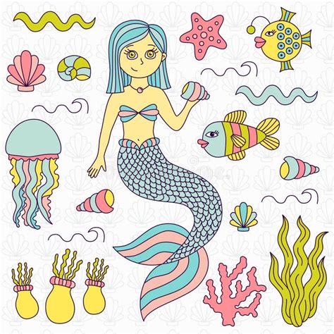 Mermaid Sea Symbols Doodles Vector Set Stock Vector Illustration Of