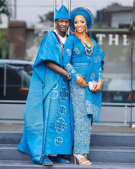 Sky Blue Traditional Wedding Aso Oke Outfits For Couple Bride And Groom In 2021 Traditional