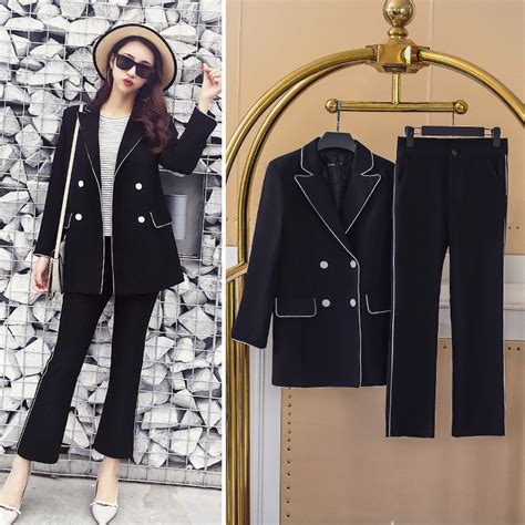 Work Fashion Pant Suits 2 Piece Set For Women Double Breasted Blazer