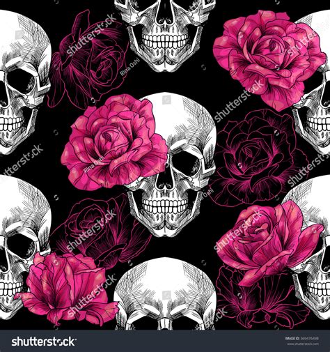 Skulls And Pink Roses On A Black Backgroundvector Seamless Pattern