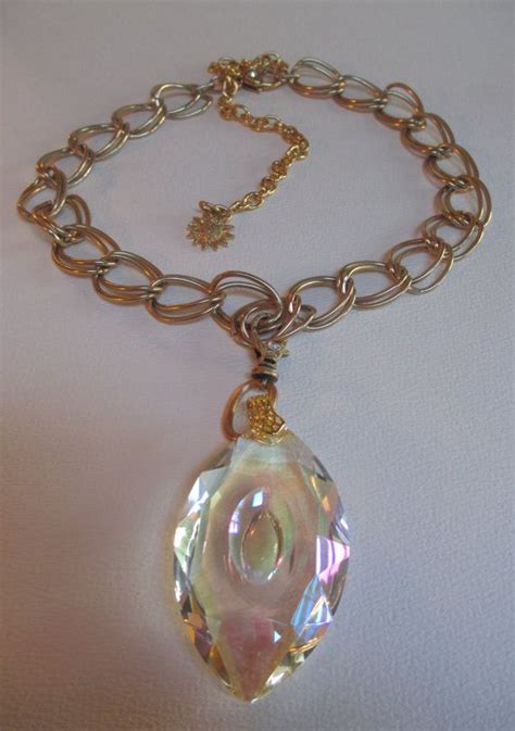Large Crystal Prism Necklace Gold Tone Chunky Chain Adjustable Etsy