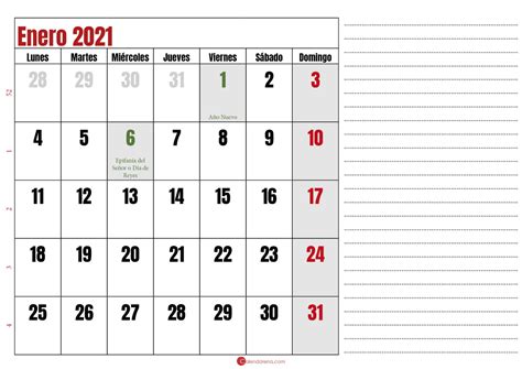 Calendario Enero 2021 España 🇪🇸 Para Imprimir