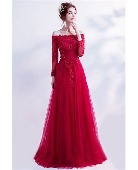 elegant long red lace prom dress with off shoulder long sleeves wholesale t69356