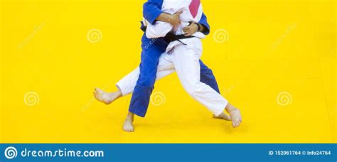 Dos Combatientes Del Judo En El Uniforme Blanco Y Azul Foto De Archivo Imagen De Sombras
