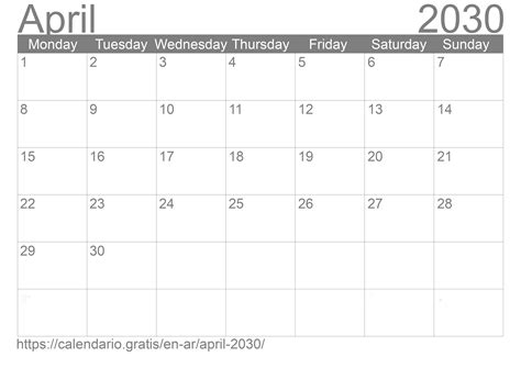 Calendar April 2030 From Argentina In English ☑️ Calendariogratis