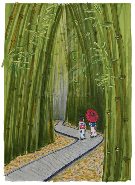 Two Girls In National Japanese Costumes Walk Along The Path Among The Tall Bamboo Stock Image