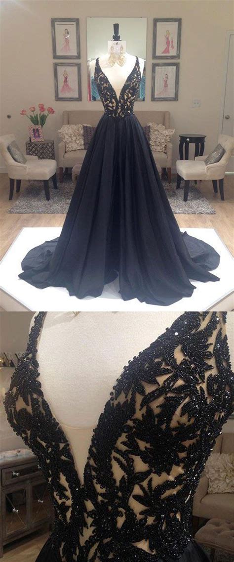 Black Prom Dresses V Neck Sweepbrush Train Taffeta Long Prom Dress
