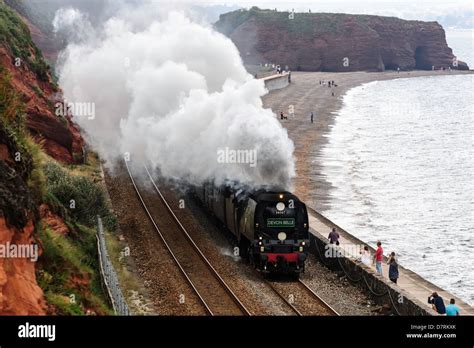 Steam Locomotive Tangmere 34067 Hauls The Royal Duchy Along The Seawall