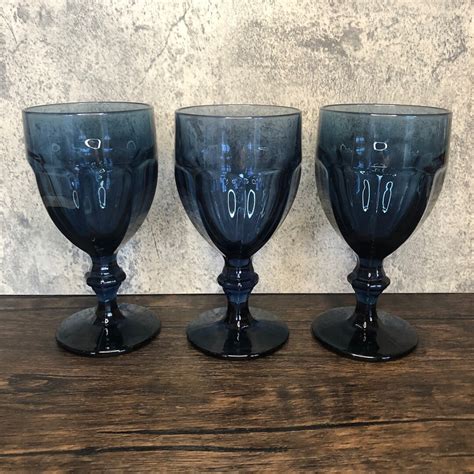 Set Of 3 Vintage Libbey Duratuff Gibraltar Deep Dark Dusky Blue Water Goblets Paneled Pedestal