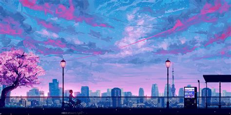 Blue And Pink Sky Painting Illustration City Anime Painting Hd