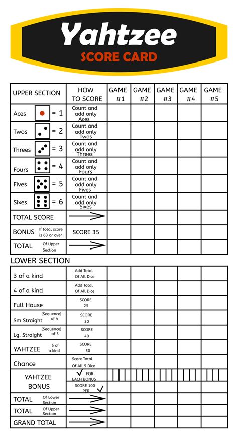 Yahtzee score card printable free