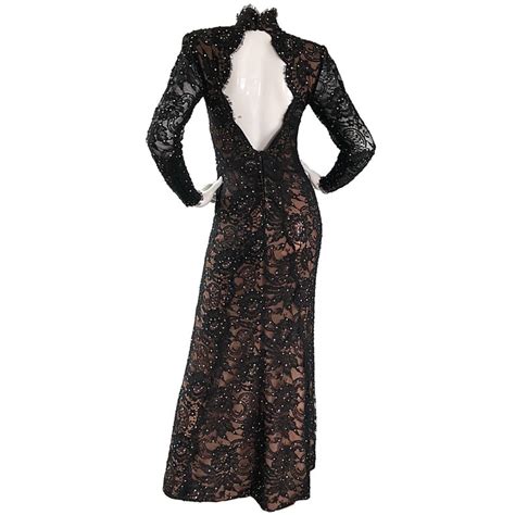 Bob Mackie Couture Black Nude Lace Diamante Open Back High Neck Chiffon Gown For Sale At 1stdibs
