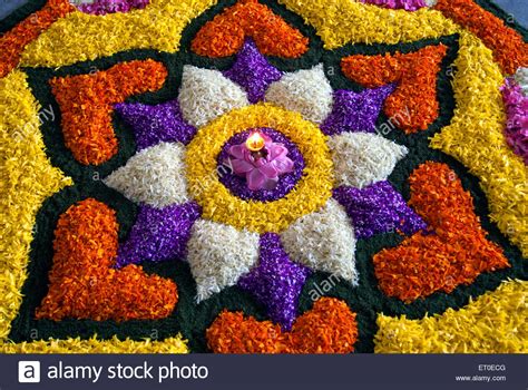 The rangoli designs for onam is known as pookalam. Flower decoration for onam festival ; Kerala ; India Stock ...