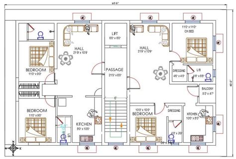 40x60 Feet 2 Bhk Apartment With Furniture Layout Drawing Dwg File
