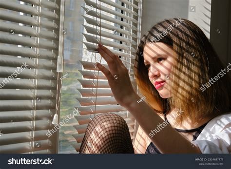 Sensual Aroused Girl Lingerie Sitting On Stock Photo