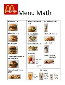 View pdf | back to learning activities. McDonald's Menu Math by Lifeskills Connections With Mrs NG ...