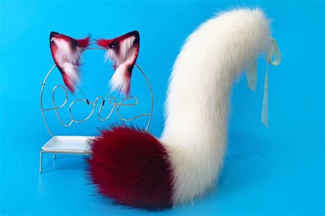 22 Inches Red White Fox Tail Fox Ear Set Wolf Tail Wolf Ear Etsy Uk