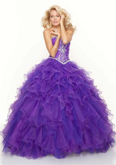 Ball Gown Sweetheart Floor Length Purple Beaded Organza Prom Dress With Ruffles