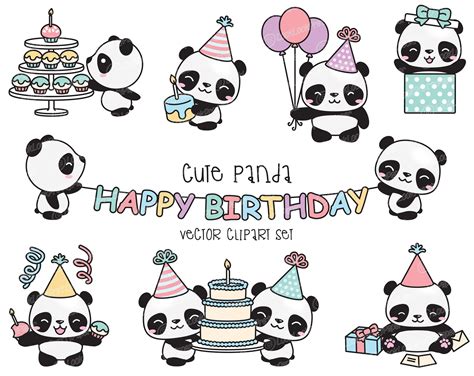 Premium Vector Clipart Kawaii Birthday Pandas Cute Etsy Clip Art