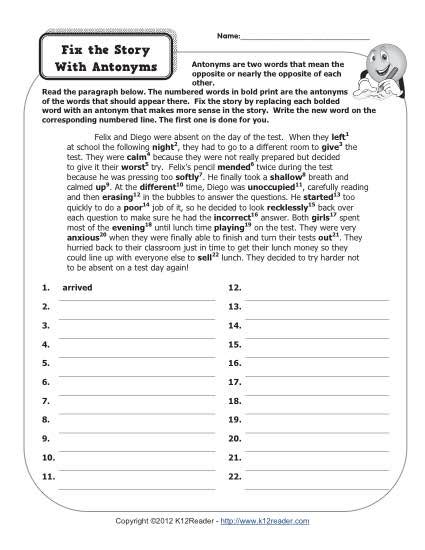 Fix The Story With Antonyms 4th Grade Antonym Worksheets