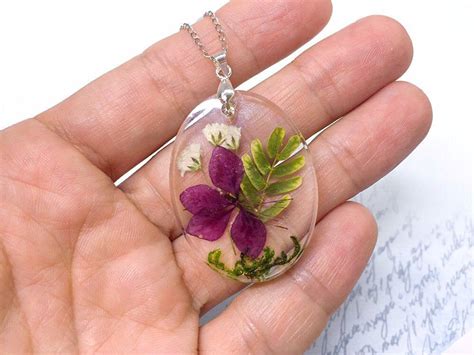 Real Pressed Flower Resin Clear Necklace Real Dried Flower Etsy
