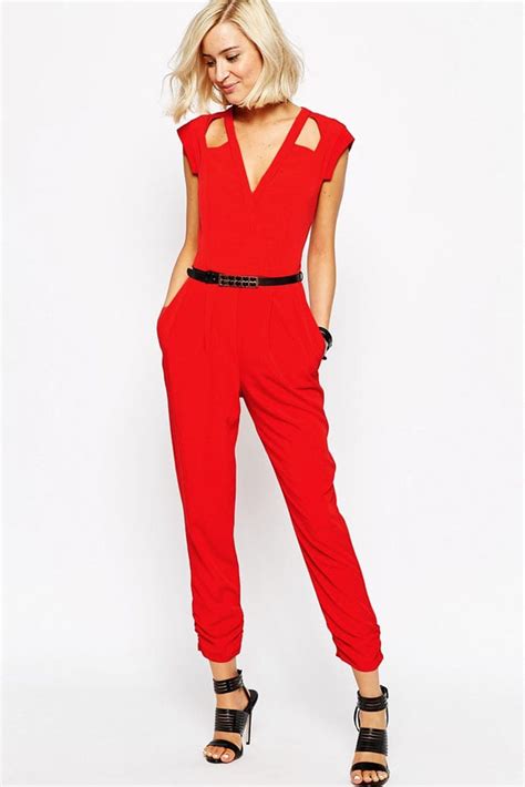 Red Cut Out Wrap Front Belted Jumpsuit