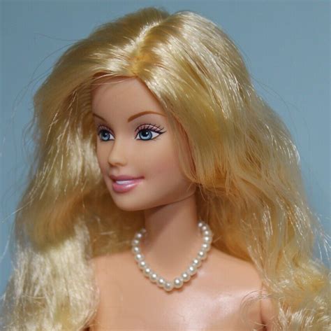 Barbie Doll Nude Long Curly Blonde Hair Blue Eyes Faux Pearl Jewelry