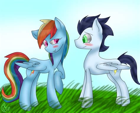 I personally love soarindash, which is why my username on this website is literally soarindash. #1295844 - artist:yoshiyoshi700, blushing, grass, male, old cutie mark, pony, rainbow dash ...