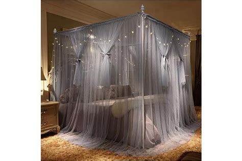 Full Gray Nattey 4 Corners Post Canopy Bed Curtain For Girls Boys