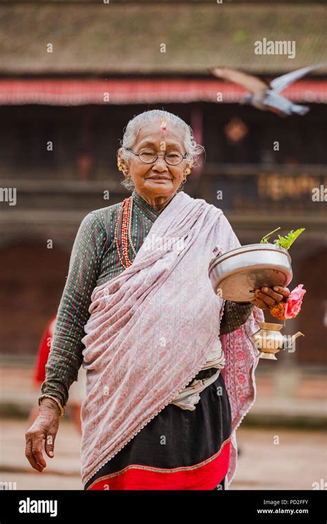 bhaktapur nepal august 4 2018 happy old newari woman with traditional newari dress in