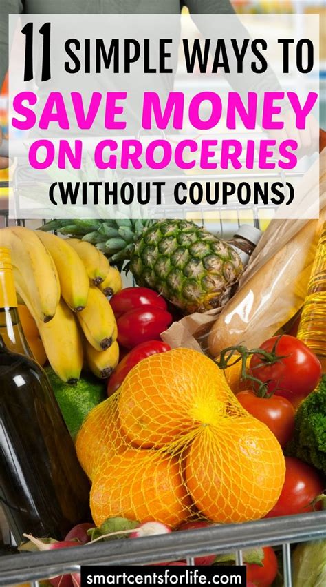 a shopping cart full of groceries with the text 11 simple ways to save money on groceries