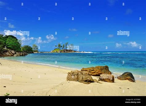 Granite Rocky Beaches On Seychelles Islands Mahe Port Glaud View At