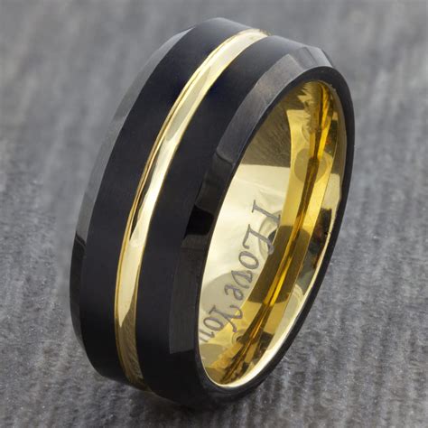 Engraved Black And Gold Womens And Mens Tungsten Carbide Ring Vincent Faith