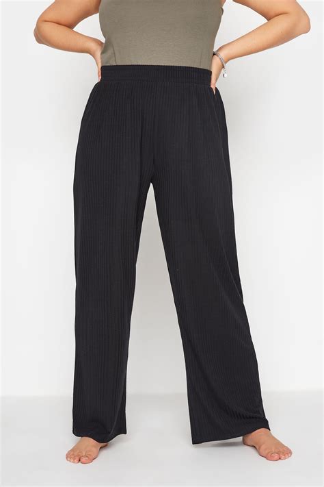Plus Size Black Ribbed Wide Leg Lounge Trousers Yours Clothing