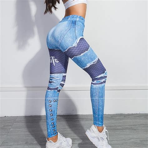 Women Jeans Print Leggings Sporting Workout Leggins 3d Workout Fitness Elastic Pants Leggings