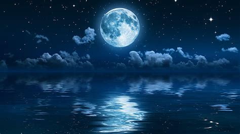 Full Moon Stars Sea Sky Night Night Sky Moon Hd Wallpaper
