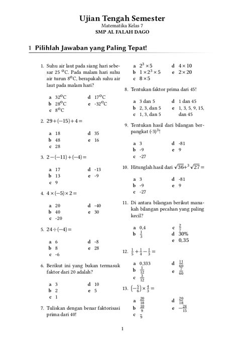 Download buku paket pendidikan matematika kelas 6 sd/mi kurikulum 2013 edisi revisi 2018 semester 1 dan 2. Jawaban Soal Matematika Kelas 7 - Kumpulan Kunci Jawaban Buku