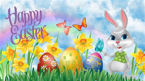 Happy Easter Eggs Butterflies Bunny Rabbit Cartoon Hd
