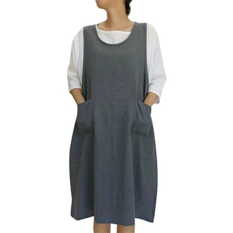 Apron Kitchen Cotton Tunic Dress Casual Sleeveless Knee Length Aprons