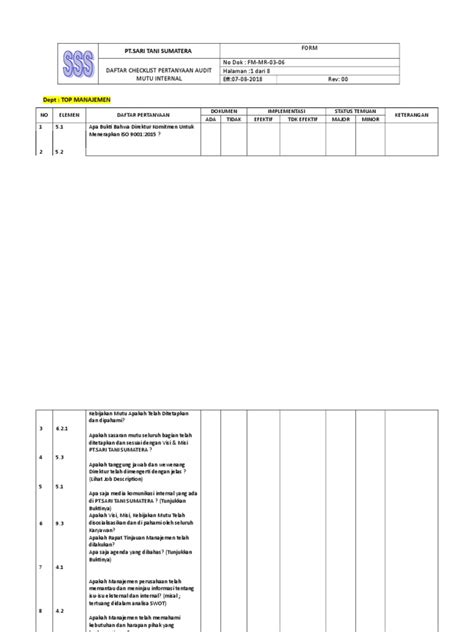 Checklist Pertanyaan Audit Internal Iso 9001 2015 Pdf