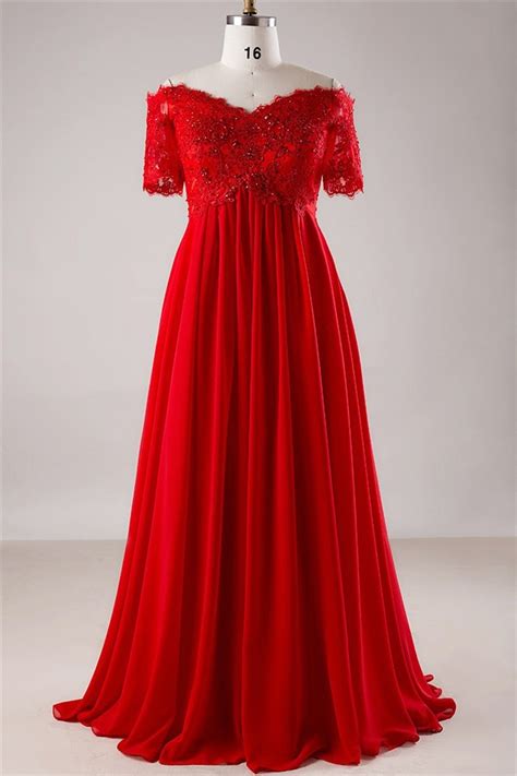 Off The Shoulder Empire Waist Lace Sleeve Red Chiffon Plus Size Prom Dress