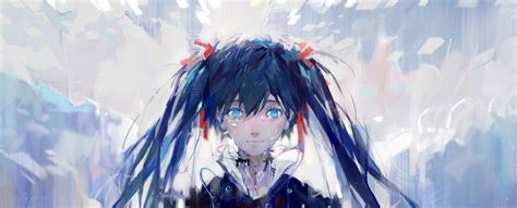 Blue Hair Looking At Viewer Anime Anime Girls Twintails Vocaloid