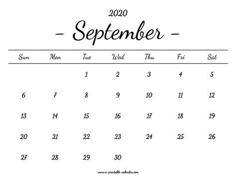 September Calendar 2020 Printable A Printable Calendar