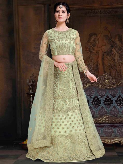 Pista Green Net All Over Embroidered Lehenga Choli With Stone Work
