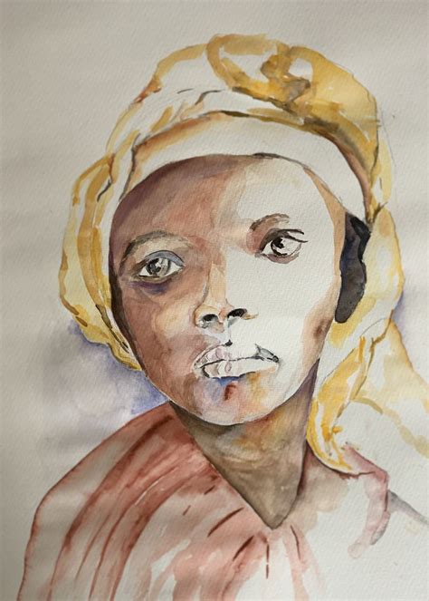 A Watercolor Painting Of A Woman With A Yellow Head Scarf On Her Head