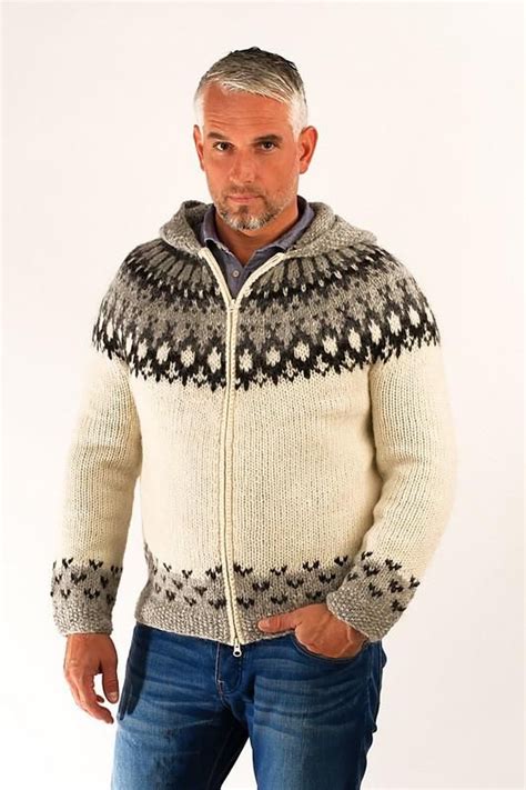 Skipper Wool Cardigan Whood White Wool Sweater Men Icelandic Wool