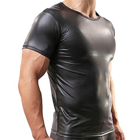 Mens Faux Leather Sexy Tight Short T Shirts Muscle Shirt Undershirt