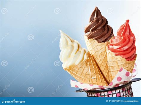 Colourful Ice Cream In Crispy Cones In Close Up Stock Image Image Of