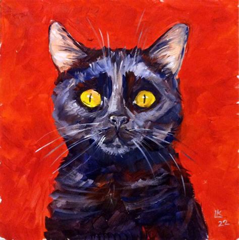 Black Cat Portrait On A Red Background Painting By Lada Kholosho